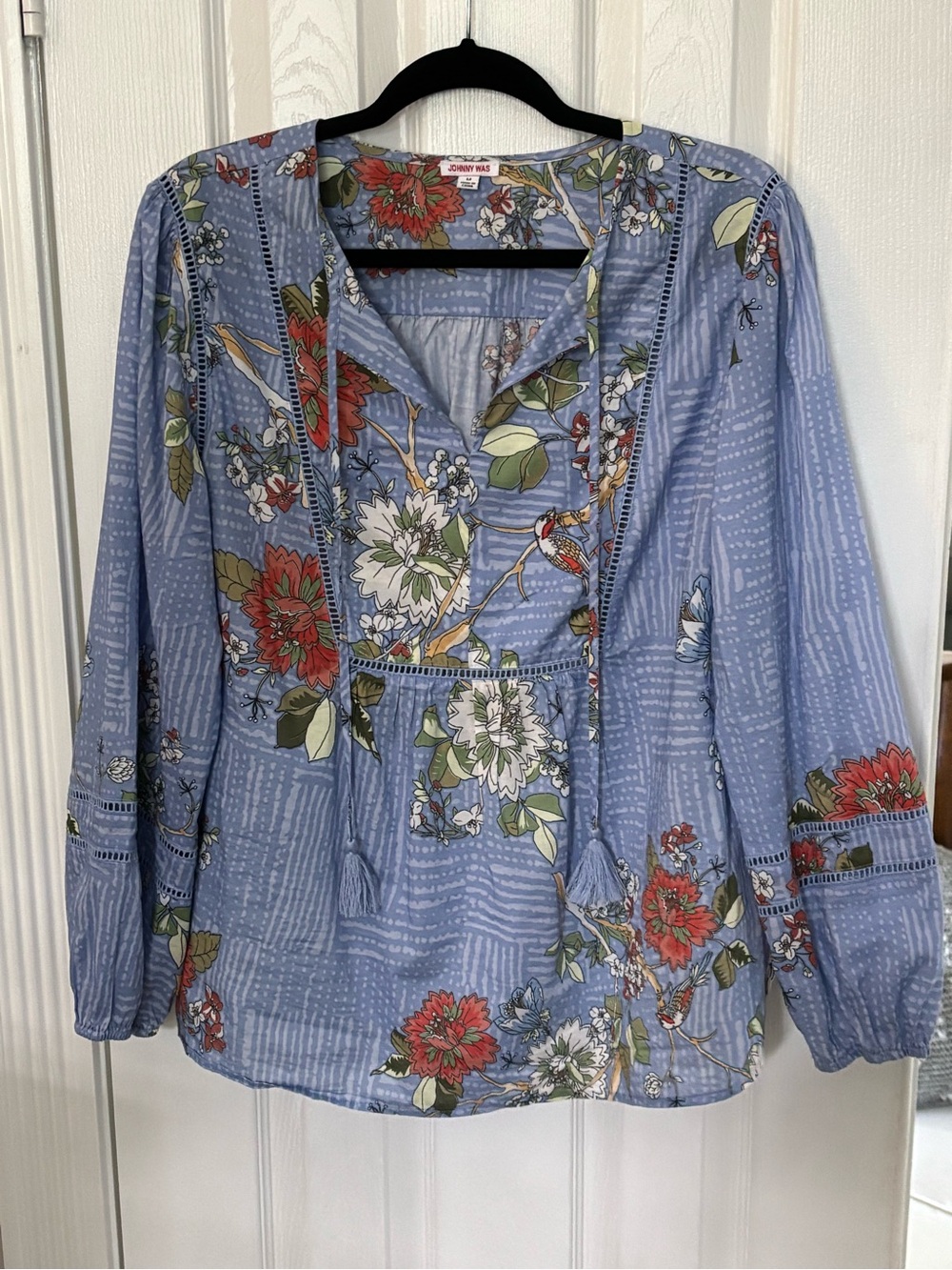 Johnny Was Light Blue Floral V-Neck Tunic with Red & White Blooms